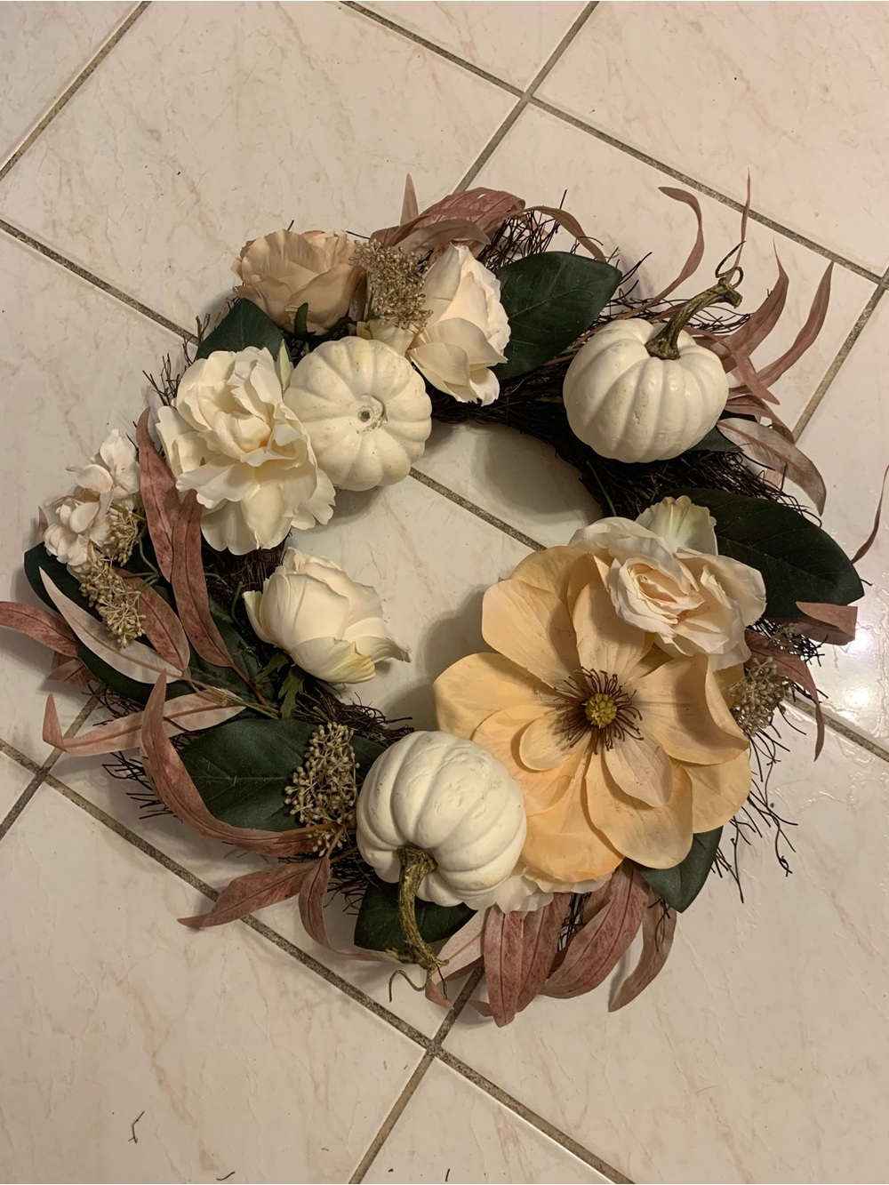 Cream and Peach Floral Pumpkin Wreath - Home Accents